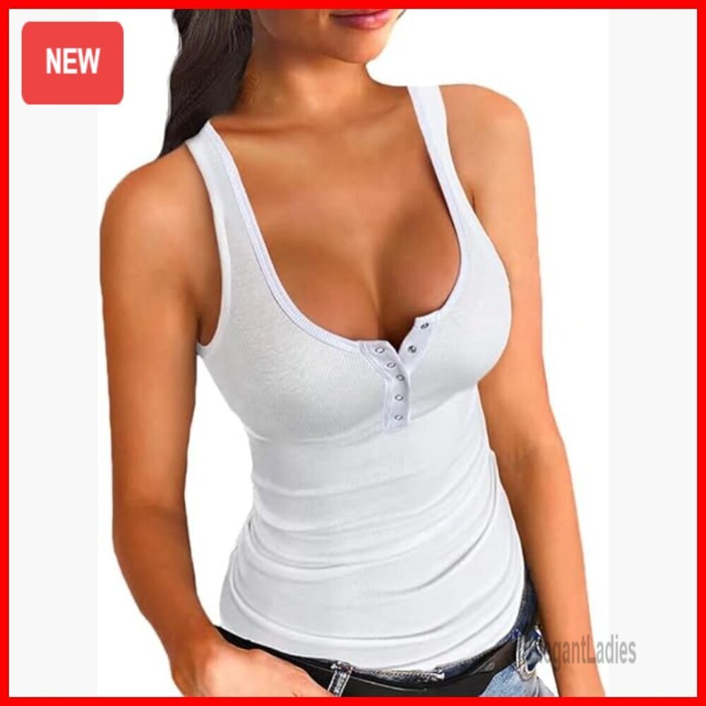 Slim Fit Ribbed Tank Top, Rayon Spandex Blend, Henley Neck, Workout Casual